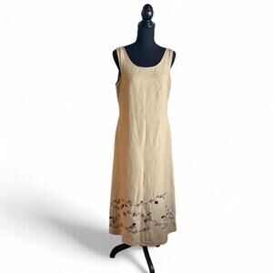 Kenar vintage khaki linen mix midi dress with black floral embroidery Size 8